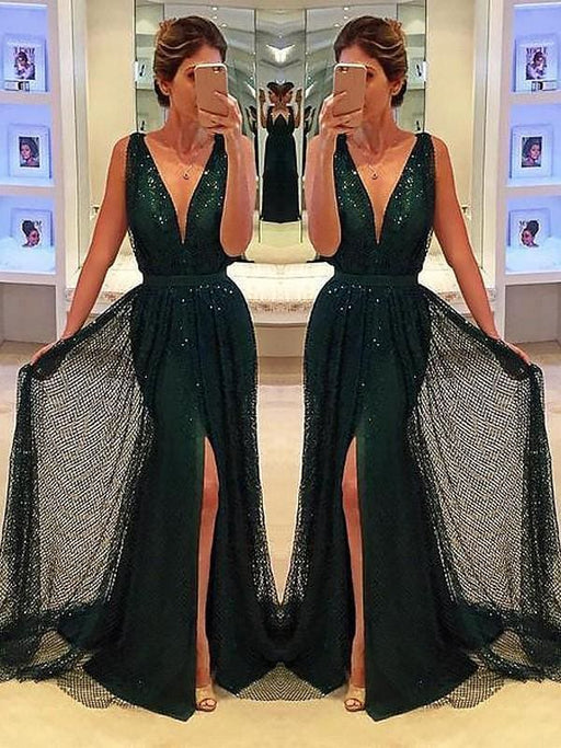 V-Neck Sequins With Sash/Ribbon/Belt Sweep/Brush Train Dresses - Prom Dresses
