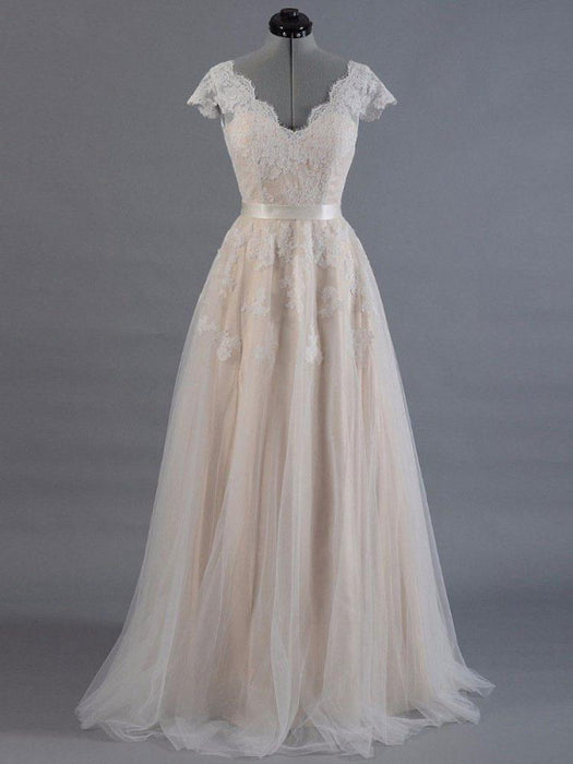 Wedding Dress 2021 V Neck Short Sleeves lace Applique Floor Length Tulle traditional Bridal Gowns