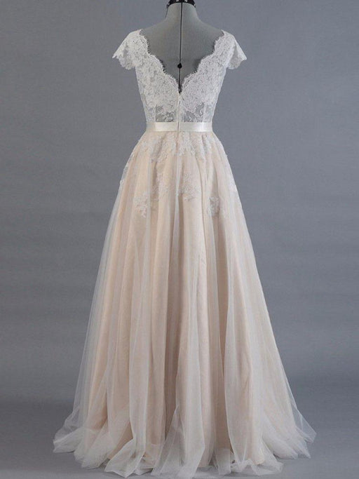 Wedding Dress 2021 V Neck Short Sleeves lace Applique Floor Length Tulle traditional Bridal Gowns