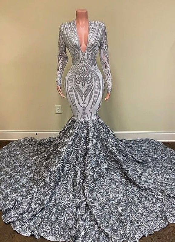 Modest Long Sleeves Sequins Prom Dress Mermaid V-Neck With Flowers Bottom main image 1