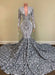 V-Neck Silver Long Sleeves Sequins Lace Prom Dress Mermaid with Flowers Bottom