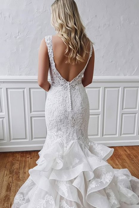 V Neck Sleeveless Backless Covered Button Mermaid Wedding Dresses