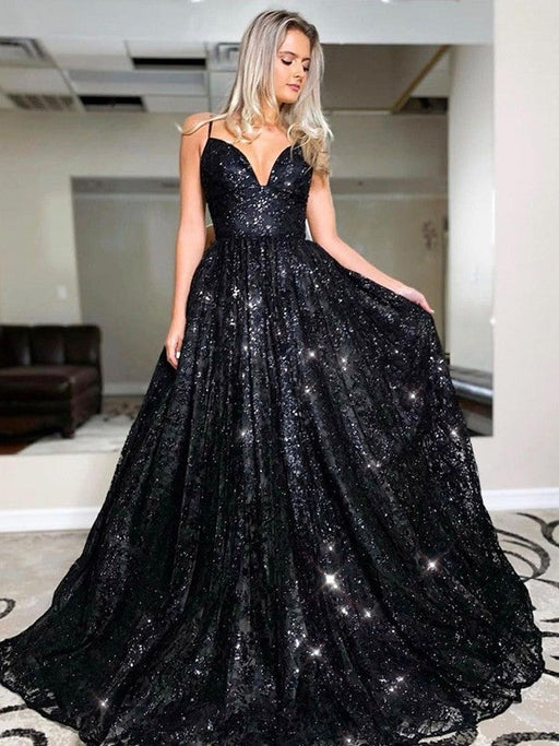 A-Line/Princess Sweep/Brush Train V-neck Sequin Sleeveless Sequins Dresses - Prom Dresses