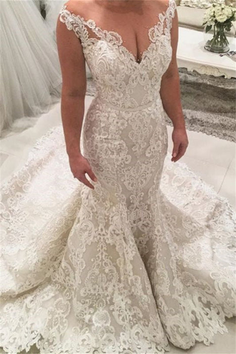 V-Neck Sleeveless Mermaid Wedding Dress with Lace Appliques - Wedding Dresses