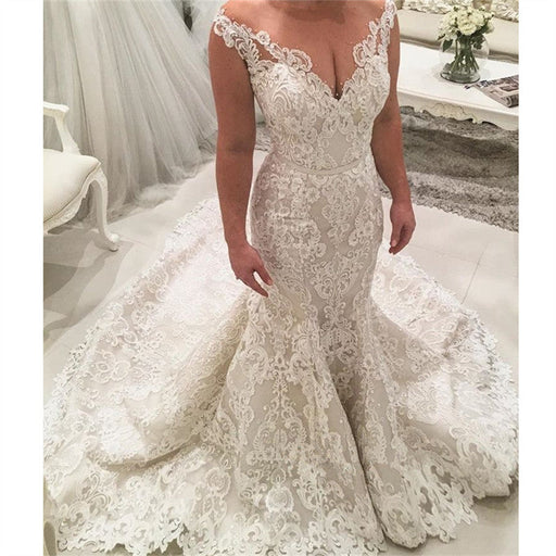 V-Neck Sleeveless Mermaid Wedding Dress with Lace Appliques