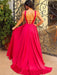 A-Line/Princess V-Neck Sleeveless Sweep/Brush Train Elastic Woven Satin Dresses - Prom Dresses