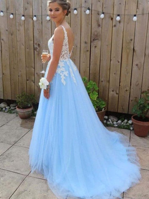 A-Line/Princess V-neck Sleeveless Sweep/Brush Train Applique Tulle Dresses - Prom Dresses