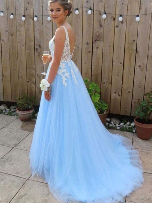 A-Line/Princess V-neck Sleeveless Sweep/Brush Train Applique Tulle Dresses - Prom Dresses