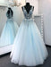 V Neck Tulle Floral Lace Appliques Long Sky Blue Prom Dresses, V Neck Sky Blue Formal Dresses, Blue Evening Dresses, Ball Gowns