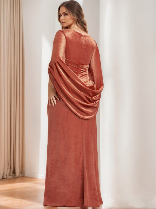 V-Neck Floor-Length Velvet Mother of the Bride Sheath Dress with Ruffled Half Sleeves