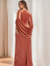 V-Neck Floor-Length Velvet Mother of the Bride Sheath Dress with Ruffled Half Sleeves