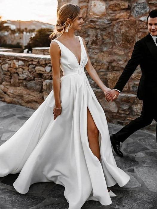 V Neck White Satin Long Prom Dress with High Slit -Bridelily V Neck White Satin Long Prom Dress with High Slit -Bridelily