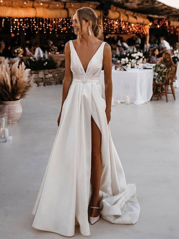 V Neck White Satin Long Prom Dress with High Slit -Bridelily V Neck White Satin Long Prom Dress with High Slit -Bridelily