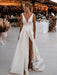 V Neck and V Back White Satin Long Prom Dresses with High Slit, Open Back White Wedding Dresses, White Formal Evening Dresses