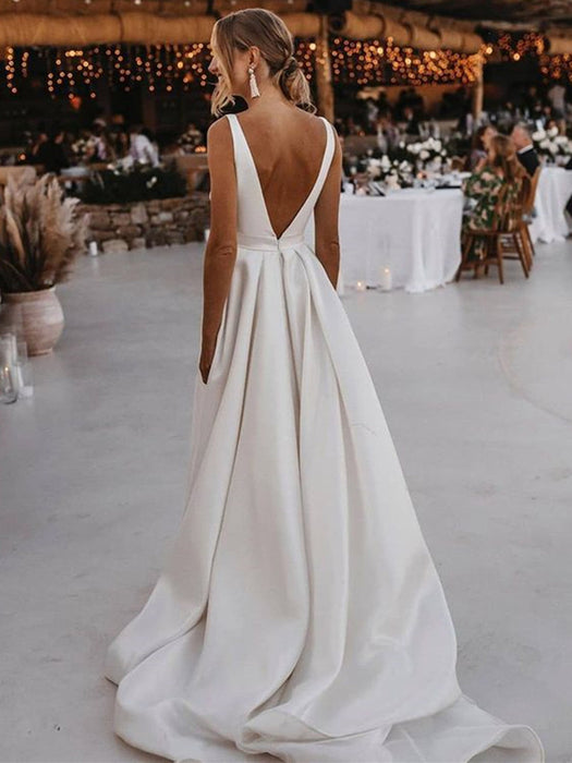 V Neck White Satin Long Prom Dress with High Slit -Bridelily V Neck White Satin Long Prom Dress with High Slit -Bridelily