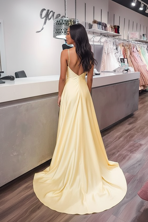 V Neck Yellow Satin Long Prom Dresses