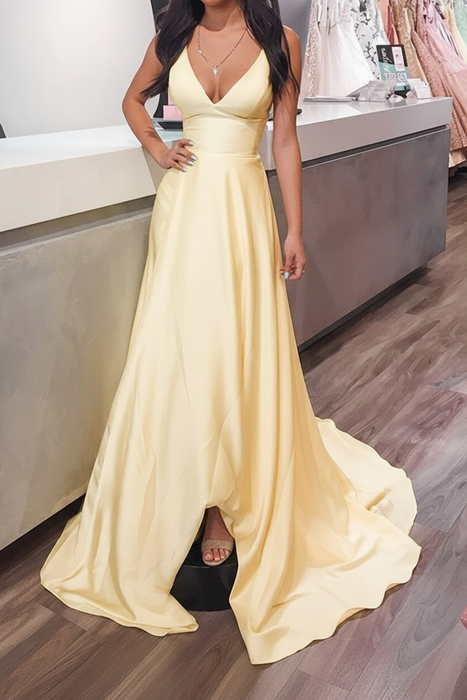 V Neck Yellow Satin Long Prom Dresses
