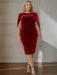 Plus size red velvet dress with a cowl neck and cape sleeves