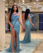 Vintage Blue Beadings Strapless Mermaid Prom Dress With Split