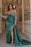 Vintage Emerald Long Sleeves Mermaid Off-The-Shoulder Prom Dress with Beadings and Split