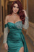 Vintage Emerald Long Sleeves Mermaid Off-The-Shoulder Prom Dress with Beadings and Split
