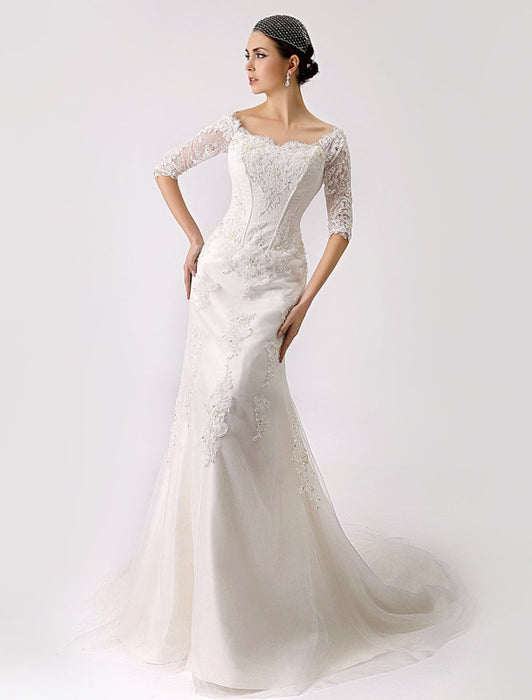 2021 Vintage Inspired Off the Shoulder Mermaid Lace Wedding Gown misshow