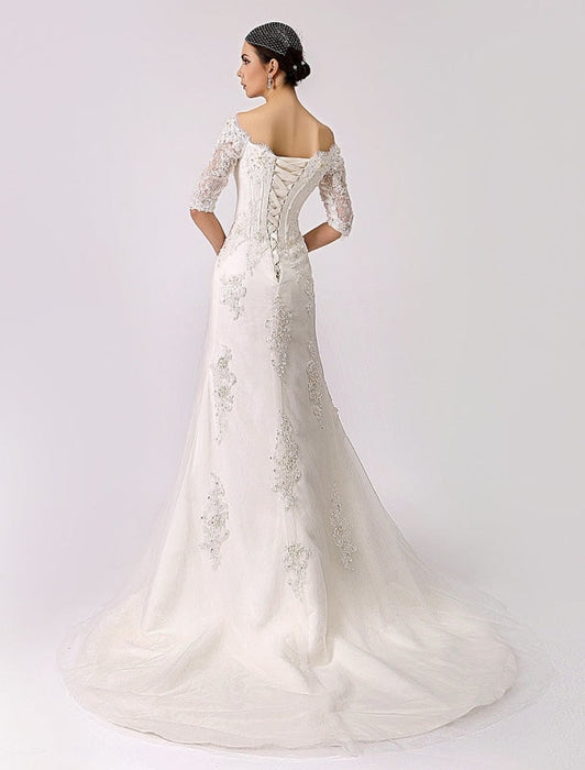 2021 Vintage Inspired Off the Shoulder Mermaid Lace Wedding Gown misshow