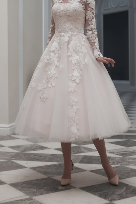 Elegant Tulle Aline Wedding Dress with Appliques Long Sleeves Tea Length Bridal Dress
