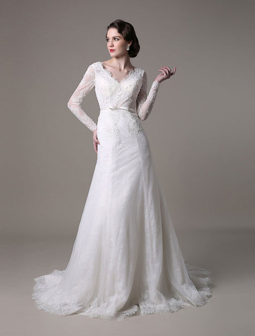2021 Vintage Lace Wedding Dress A-line With Long Sleeves Pearls Applique And Chapel Train