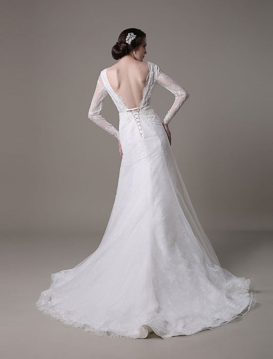 2021 Vintage Lace Wedding Dress A-line With Long Sleeves Pearls Applique And Chapel Train