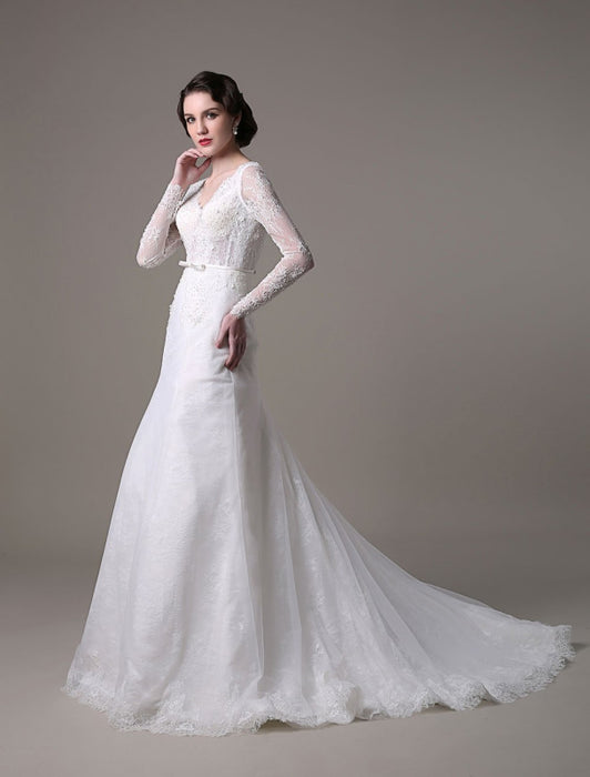 2021 Vintage Lace Wedding Dress A-line With Long Sleeves Pearls Applique And Chapel Train
