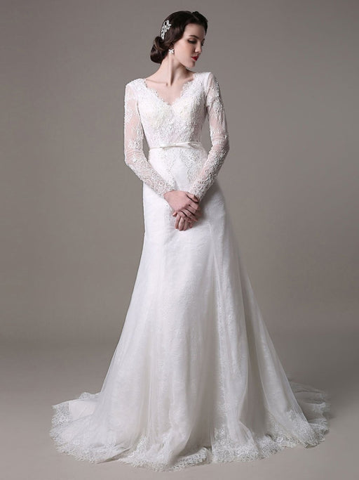 2021 Vintage Lace Wedding Dress A-line With Long Sleeves Pearls Applique And Chapel Train