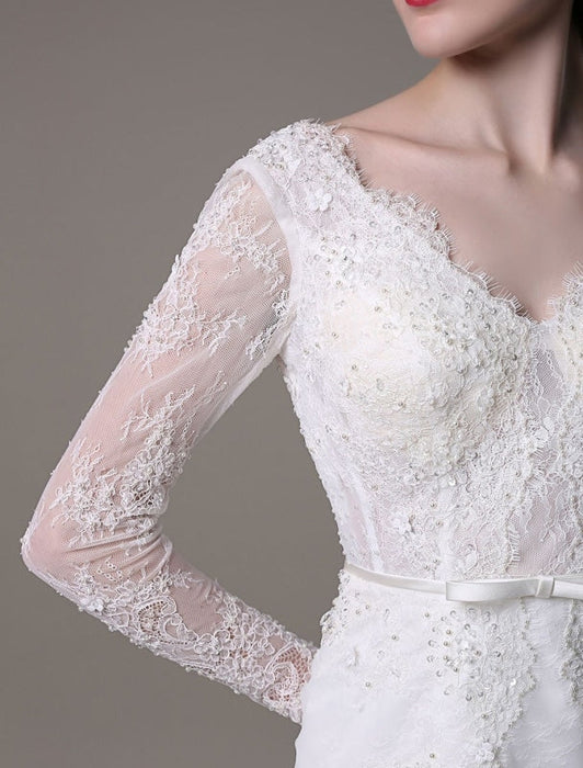2021 Vintage Lace Wedding Dress A-line With Long Sleeves Pearls Applique And Chapel Train