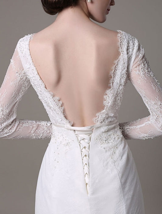 2021 Vintage Lace Wedding Dress A-line With Long Sleeves Pearls Applique And Chapel Train