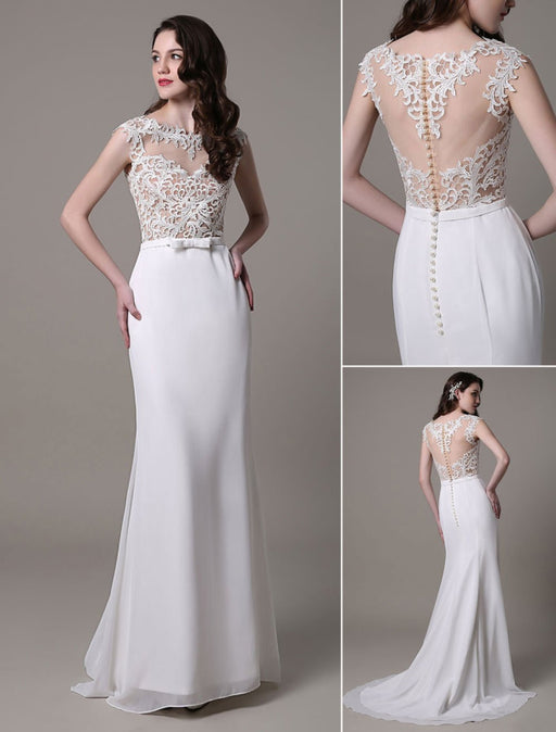 Vintage Wedding Dress Lace And Chiffon Sheath With Stunning Bateau Illusion Neckline And Illusion Back misshow