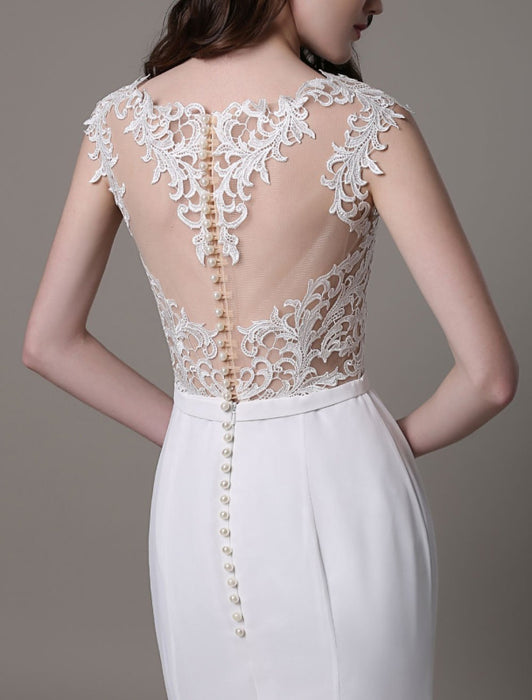 Vintage Wedding Dress Lace And Chiffon Sheath With Stunning Bateau Illusion Neckline And Illusion Back misshow