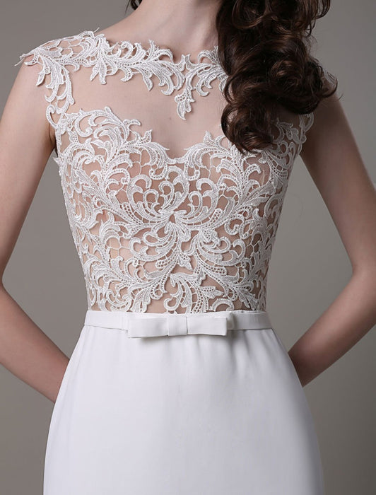 Vintage Wedding Dress Lace And Chiffon Sheath With Stunning Bateau Illusion Neckline And Illusion Back misshow