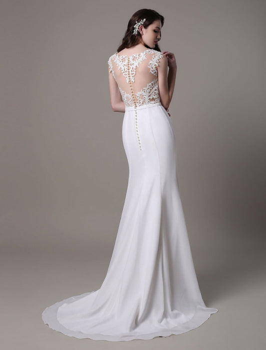 Vintage Wedding Dress Lace And Chiffon Sheath With Stunning Bateau Illusion Neckline And Illusion Back misshow