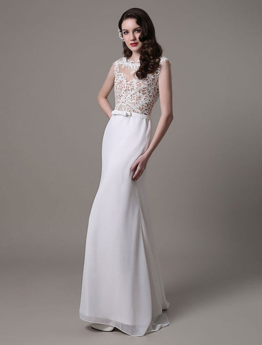 Vintage Wedding Dress Lace And Chiffon Sheath With Stunning Bateau Illusion Neckline And Illusion Back misshow