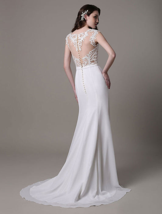 Vintage Wedding Dress Lace And Chiffon Sheath With Stunning Bateau Illusion Neckline And Illusion Back misshow