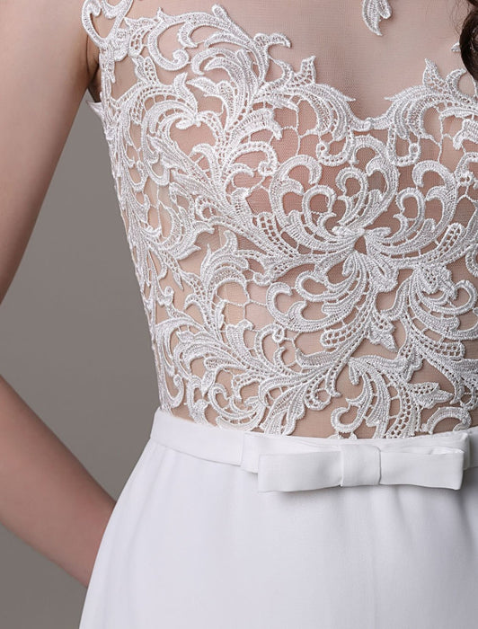 Vintage Wedding Dress Lace And Chiffon Sheath With Stunning Bateau Illusion Neckline And Illusion Back misshow