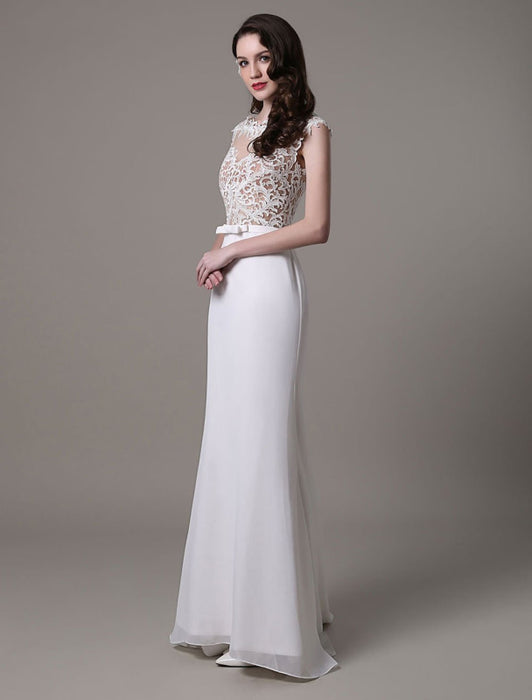 Vintage Wedding Dress Lace And Chiffon Sheath With Stunning Bateau Illusion Neckline And Illusion Back misshow