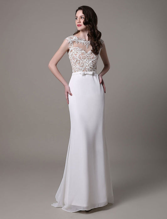 Vintage Wedding Dress Lace And Chiffon Sheath With Stunning Bateau Illusion Neckline And Illusion Back misshow