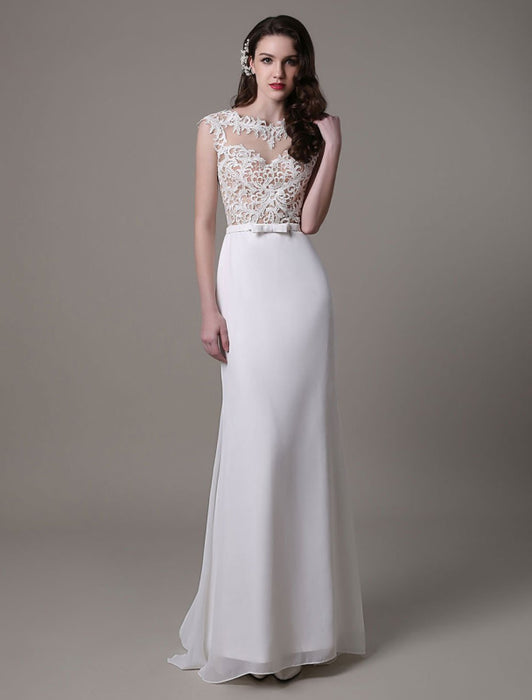 Vintage Wedding Dress Lace And Chiffon Sheath With Stunning Bateau Illusion Neckline And Illusion Back misshow