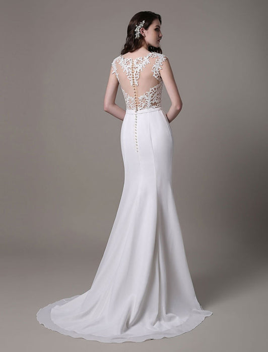Vintage Wedding Dress Lace And Chiffon Sheath With Stunning Bateau Illusion Neckline And Illusion Back misshow
