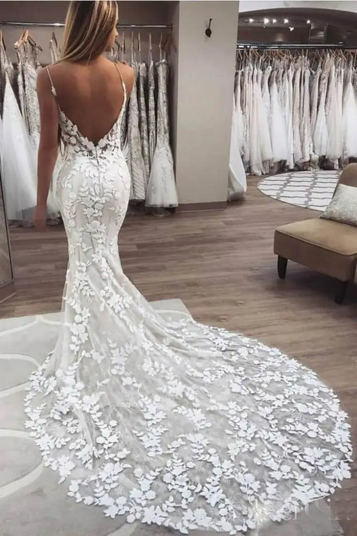 Vintage Spaghetti Strap Mermaid Lace Appliques Boho Wedding Dress - Wedding Dresses