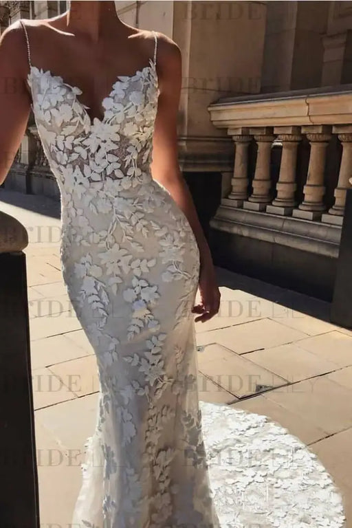 Vintage Spaghetti Strap Mermaid Lace Appliques Boho Wedding Dress - Wedding Dresses