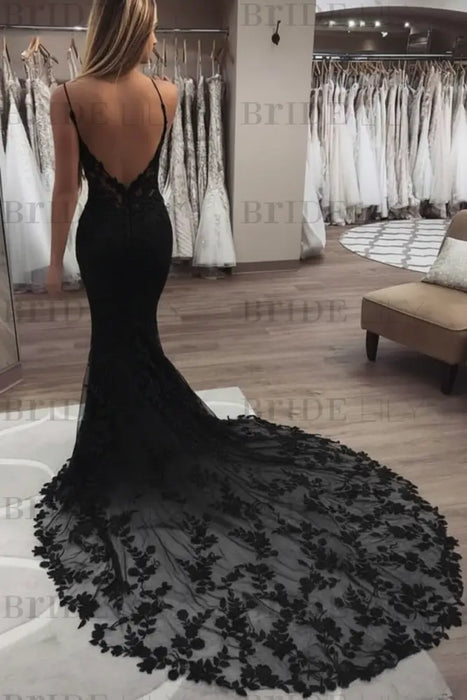 Vintage Spaghetti Strap Mermaid Lace Appliques Boho Wedding Dress Black- Wedding Dresses