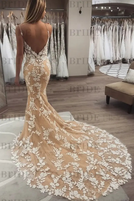 Vintage Spaghetti Strap Mermaid Lace Appliques Boho Wedding Dress Champagne - Wedding Dresses