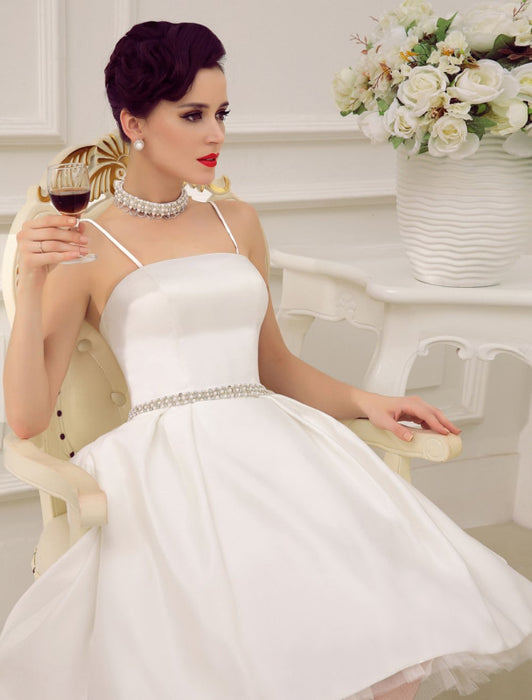 Vintage Spaghetti Straps Backless Satin Short Wedding Dress with Pearls At Waist misshow
